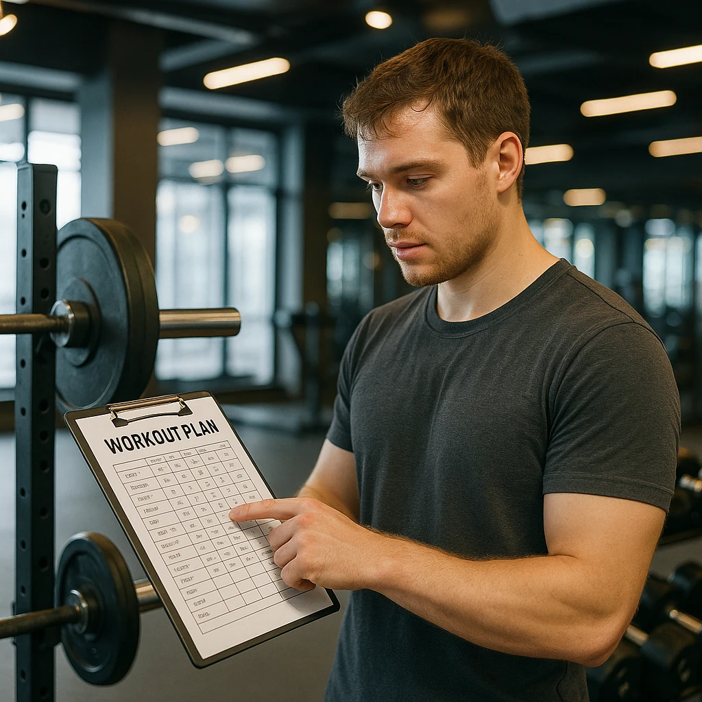 beginner subject in gym, consulting workout chart near barbell and dumbbell rack, attentive expression, motivating atmosphere, realistic details, modern gym background, 4K quality emoji