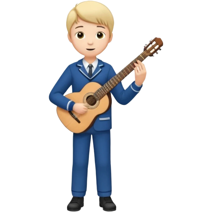 Teen boy – wearing school uniform, holding classical guitar, practicing chords. full body emoji