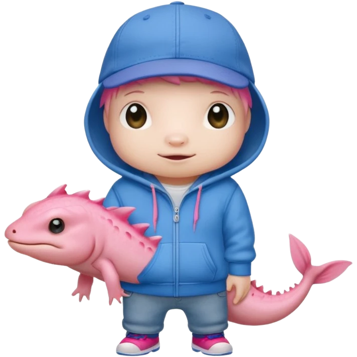 An anthropomorphic. Axolotl with a hoodie and a baseball cap with blue jeans. emoji