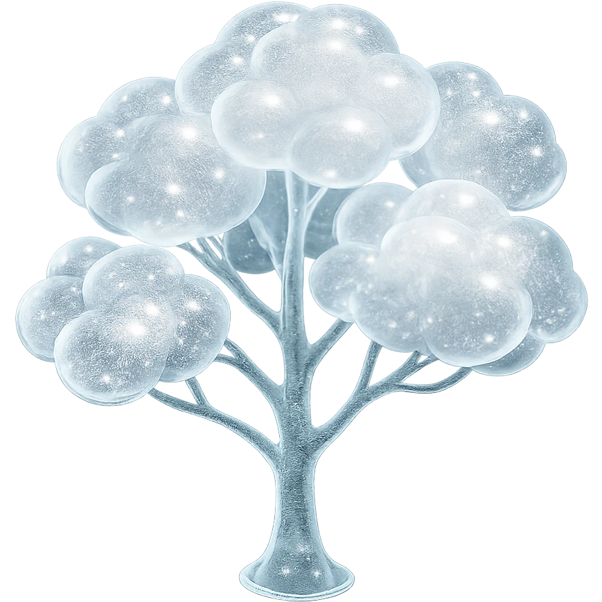 one tree with many branches and a white trunk, crown made of small very bright white fluffy convex clouds, matte glass style emoji