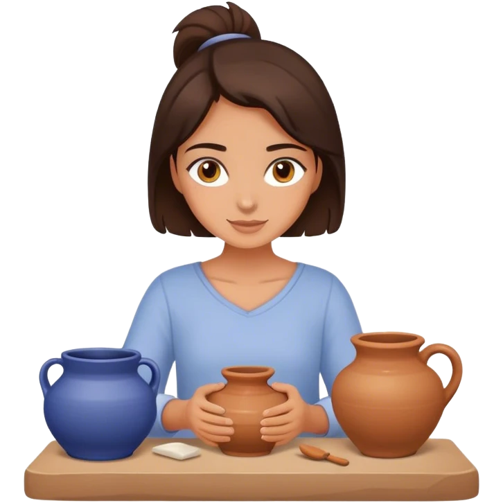 Brunette girl with hazel eyes, doing pottery, simple design emoji
