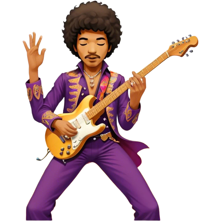Icon for Rock Music: Jimi Hendrix playing his iconic guitar on stage, surrounded by his band. The design should capture the electrifying energy of his performance with vibrant lighting, swirling colors, and musical intensity. Transparent background. emoji