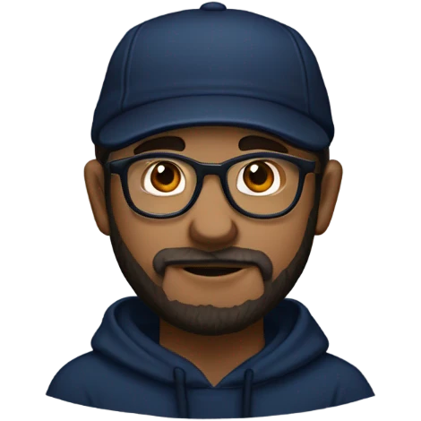 a white dude with dark beard and sideburns and thin frame glasses wearing a black newsboy hat a navy blue pull over hoodie and dark blue t shirt emoji