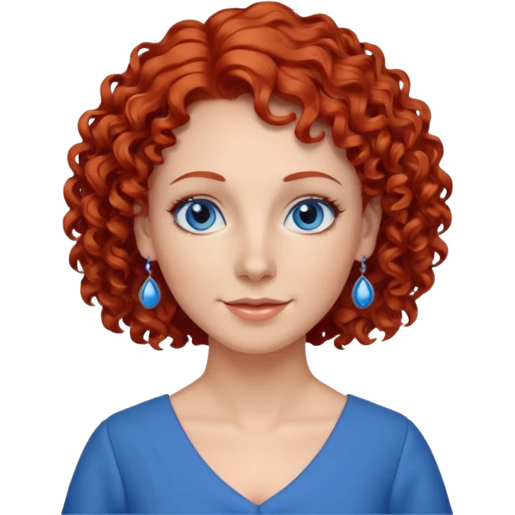 una profesora simpática con el pelo rojo rizado, ojos azules, vestido azul y pendientes azules emoji