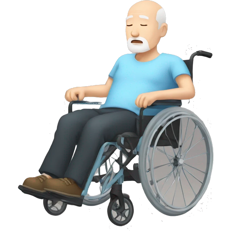 a sleeping bald old man with white beard, black shorts, light-blue shirt, on a wheelchair. His head is falling to the side from sleeping emoji