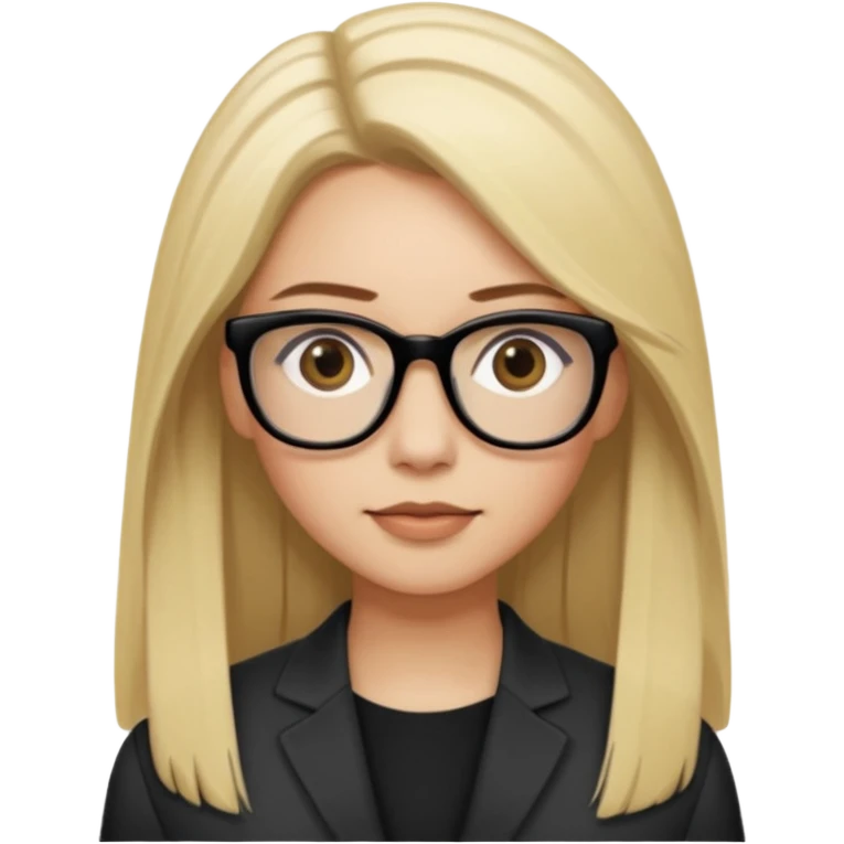A woman with light skin tone, long straight blonde hair parted to the side, large brown eyes, wearing black-framed glasses, and a neutral expression with a slight smile. emoji