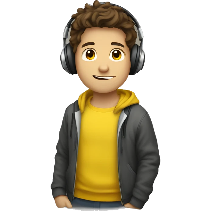 a brown hair boy with headphone and yellow pullover ay "hi" emoji