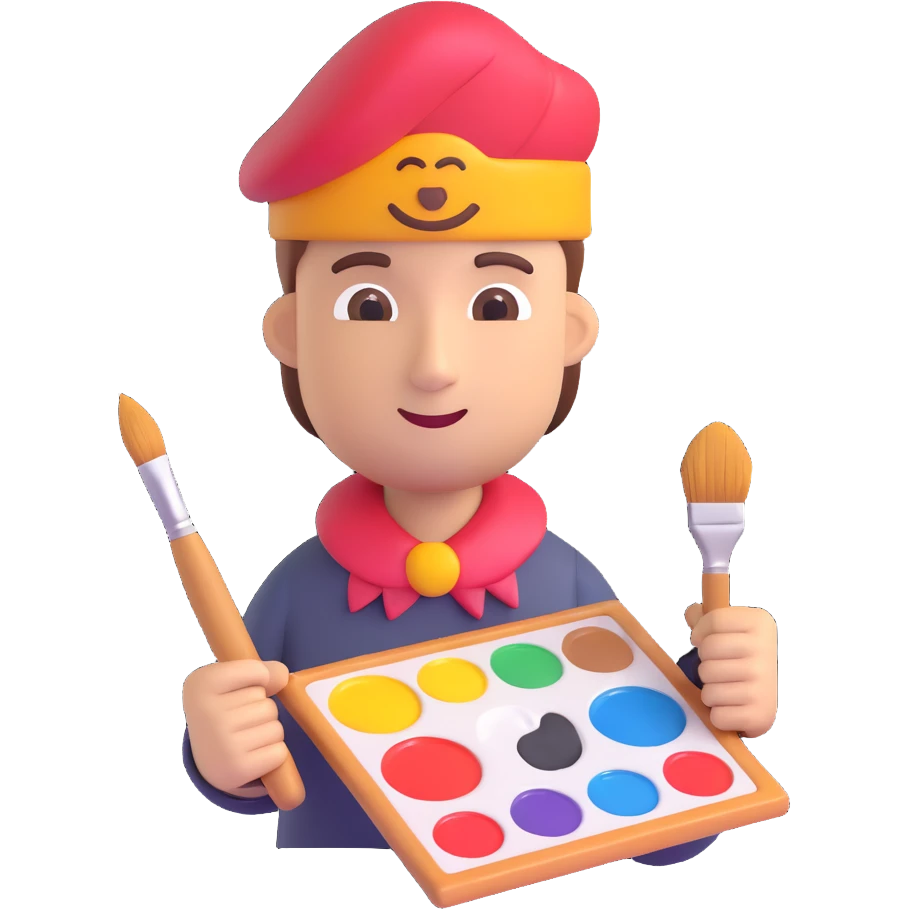 a chief of creative character, professional yet imaginative, holding a paintbrush and palette, artistic elements, 3D emoji style emoji