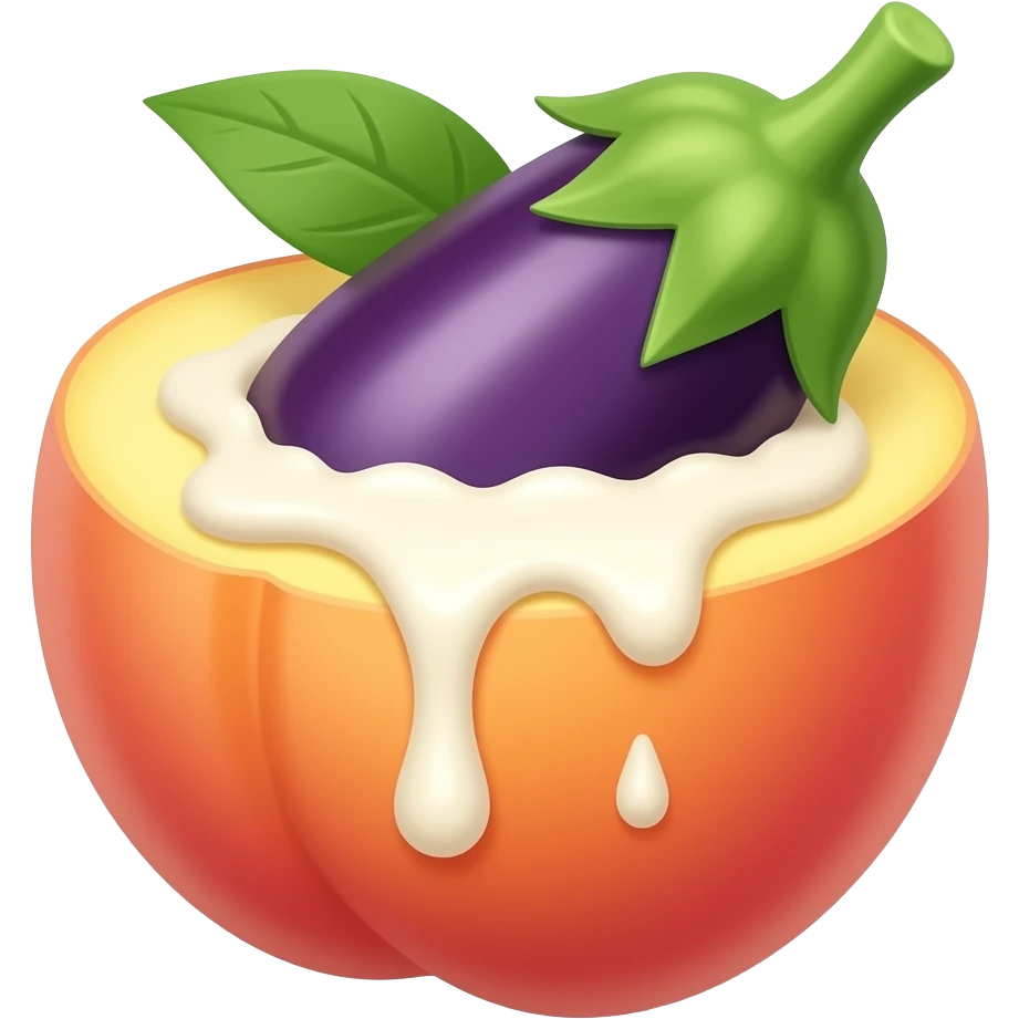 Eggplant insert in peach with white cream leaking from peach emoji