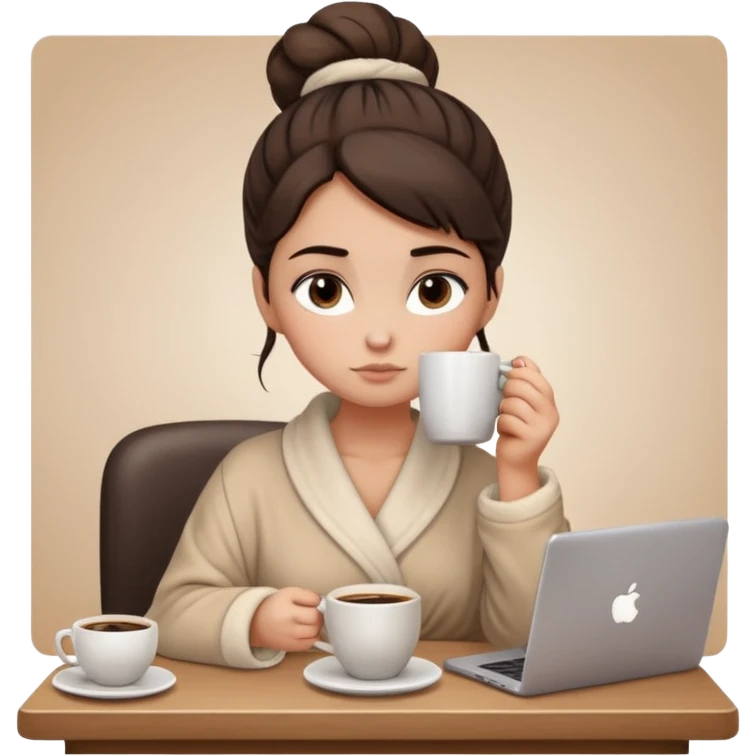 A brunette girl with a bun as hairstyle, with dark brown eyes, dark circles under eyes, tired, sad face, with a mug of coffee in one hand and sitting in front of a computer, wearing a soft fluffy beige robe emoji