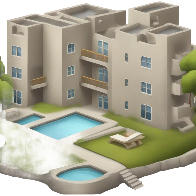 a complex of apartments in concrete and light colors, next to the complex there are beds with ears of grain, benches made of natural materials and a pond emoji