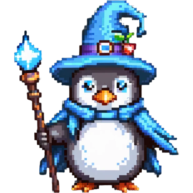 penguin wizard with a pointy hat and magic staff emoji