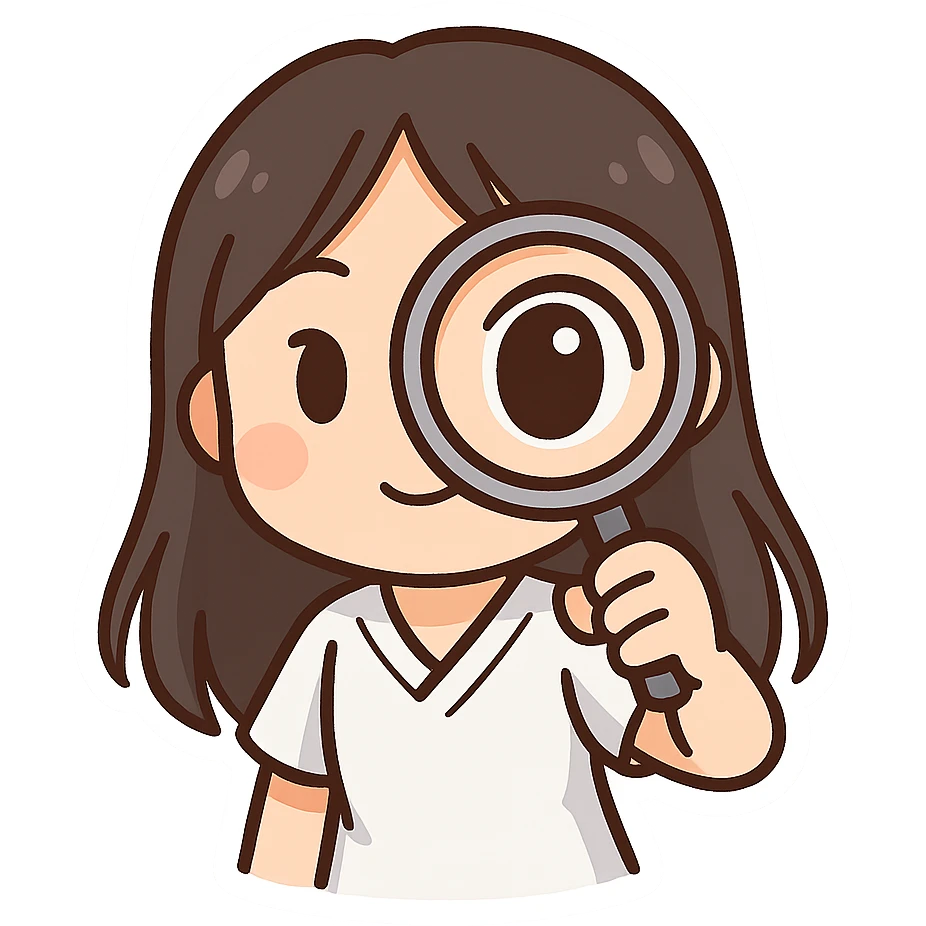 3D chibi bitmoji style sticker of a girl with long dark hair, white medical top, looking at the viewer through a magnifying glass, face close to the screen, one eye enlarged, white outline, transparent background emoji
