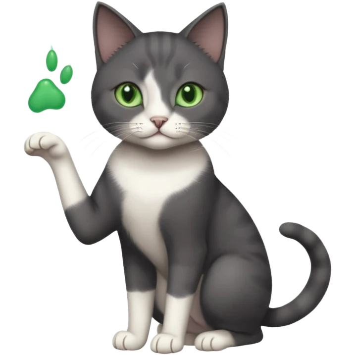 beautiful female solid dark grey cat with green eyes, white toes/paws and white patch on her chest playing emoji