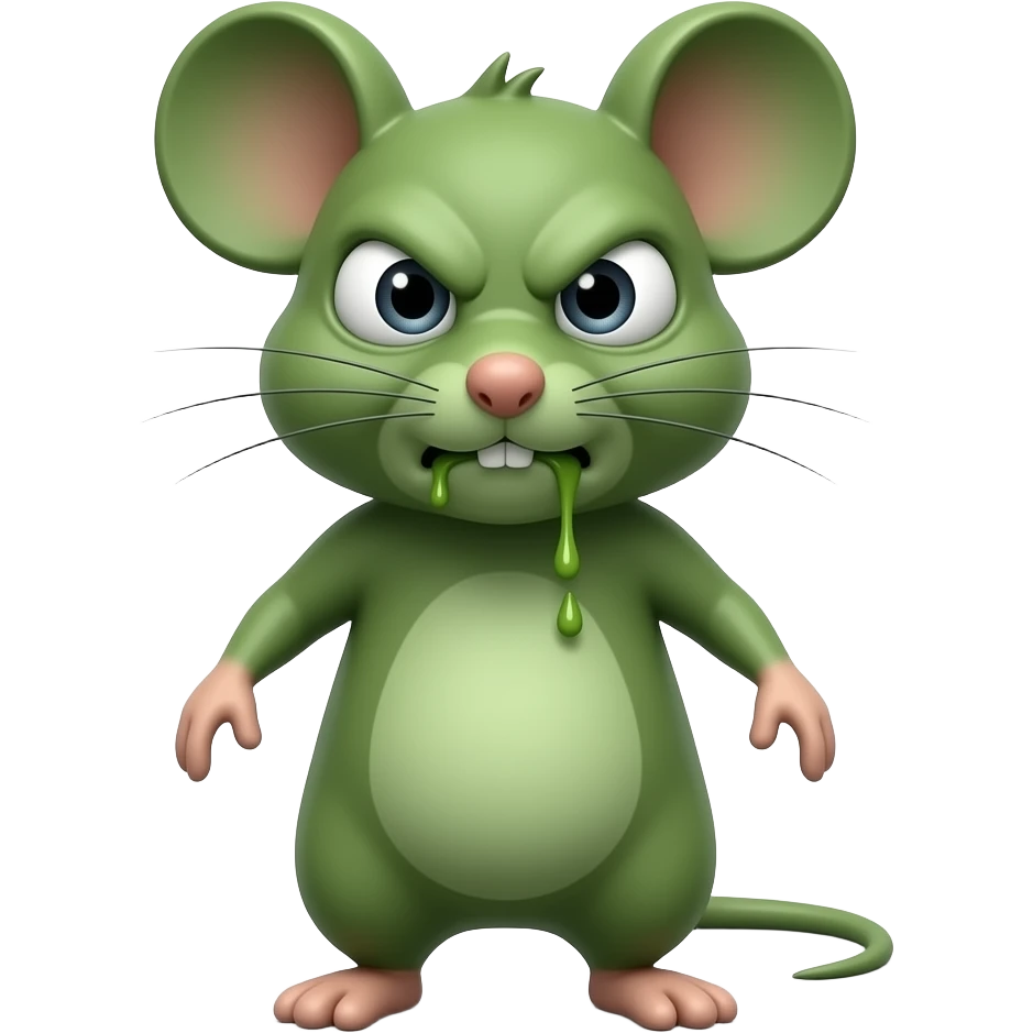 A little green mouse standing upright, with arms and legs that look like those of a little person, staring at us with loathsome and revolting face on its face, with vomit. The mouse’s body is entirely green. emoji