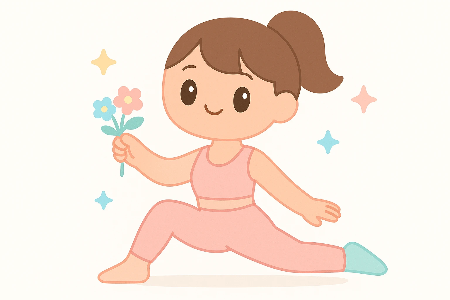 stylish pilates girl in pink, holding flowers, modern aesthetic emoji
