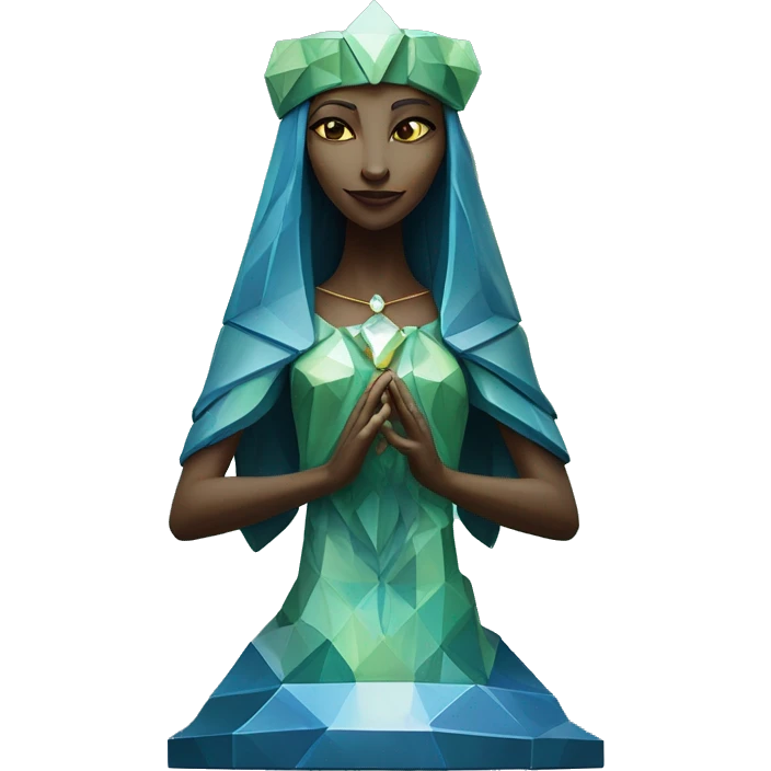 Sculpture oracle priestess with a geometric faceted design with disney features. Oracle of delphi is sparkling and standing upright on a base with angular and flower features. The vibrant blues neutrals and greens highlights the sharp edges and planes.  emoji