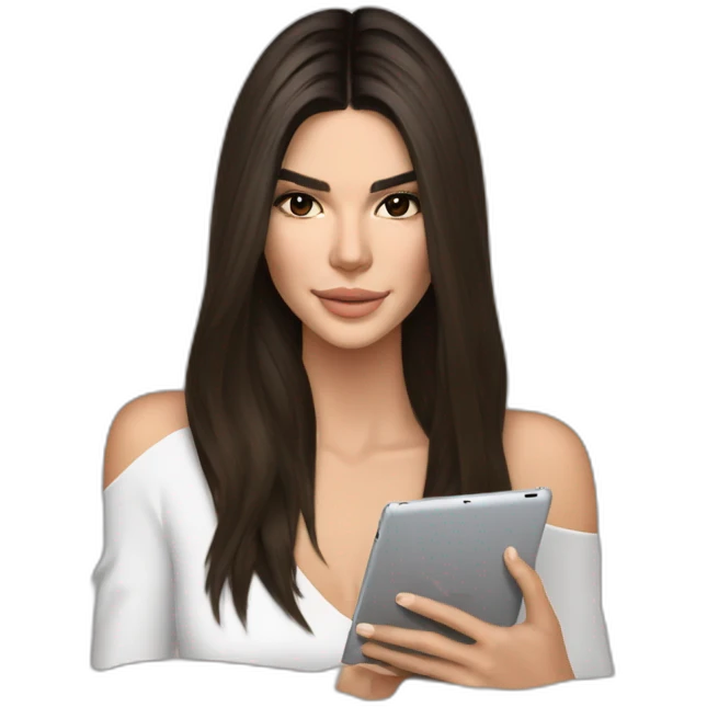 brunette Kendall Jenner with long hair holding iPad emoji