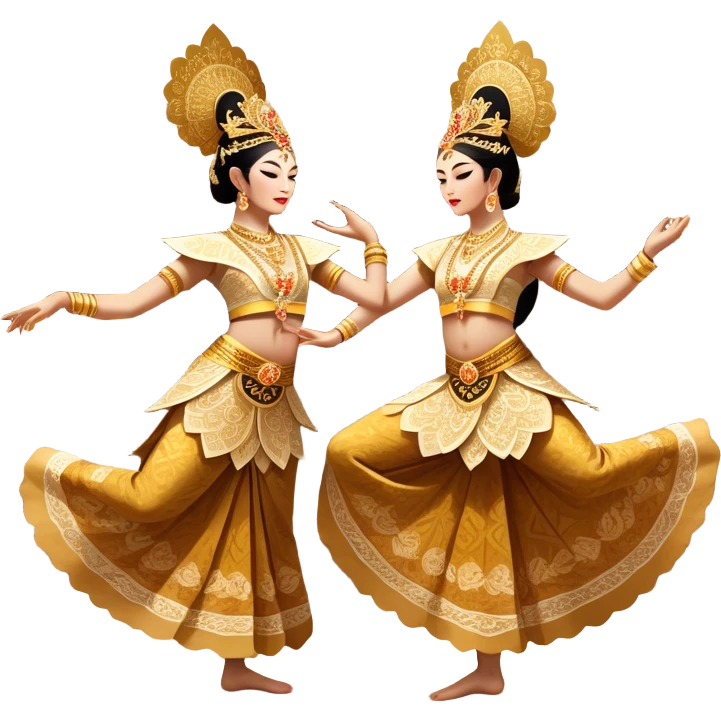 ​Cinematic Realistic Traditional Javanese Dancers, depicted as two graceful dancers in ornate traditional costumes with intricate batik patterns and elaborate headpieces, captured in dynamic poses during a ritual dance in an ancient temple courtyard, rendered with soft golden lighting and rich cultural textures, emoji
