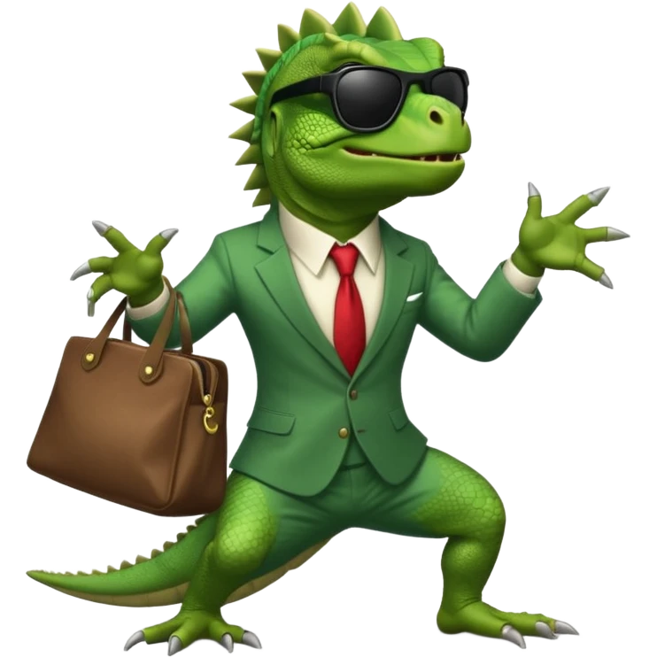capitalist iguana banker godfather with black sunglasses breakdance with bag emoji