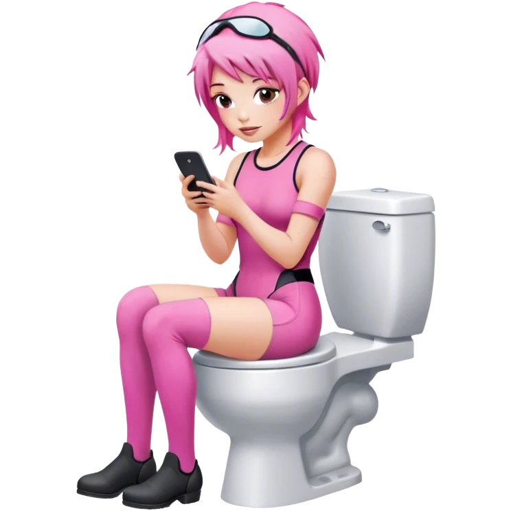 Pink haired female Jockey sat on the toilet with her mobile phone  emoji
