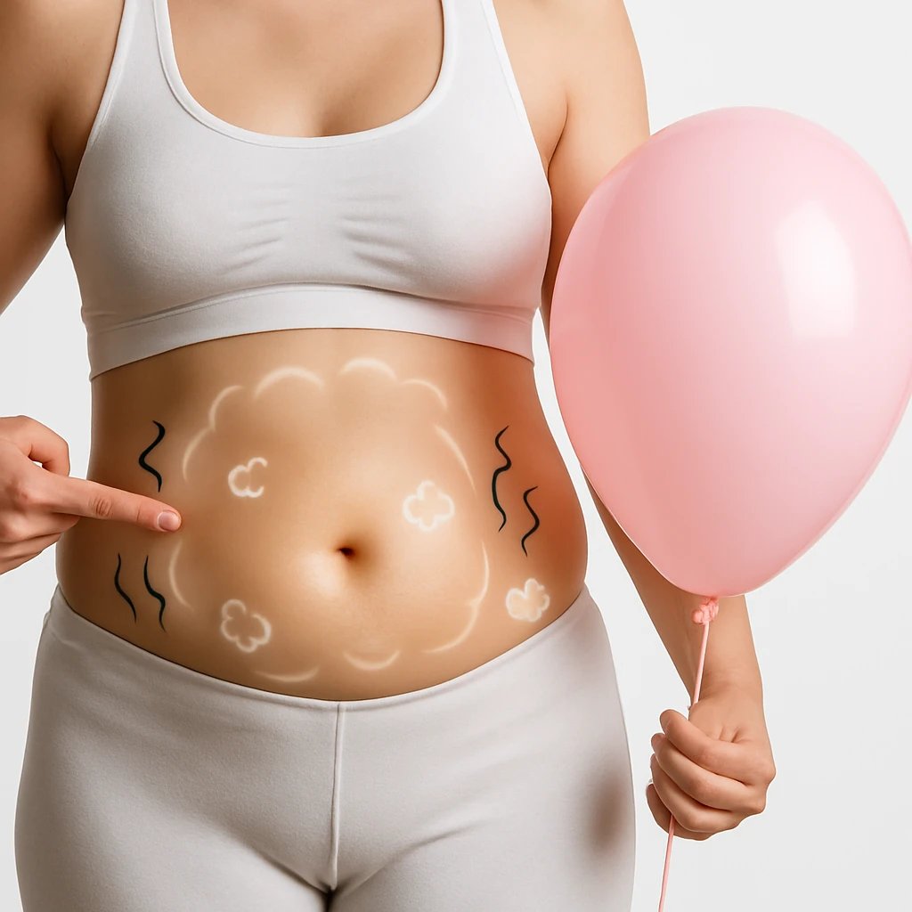 Realistic style edit of the woman identical to the photo with a visibly swollen belly. Include symbols of bloating such as curved lines, small clouds, or a glow around the abdomen area. emoji