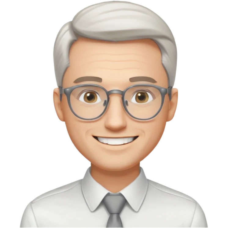30 yr old pale white man, white/grey side swept stylish hair, round glasses, big smile, white teeth, handsome, longer hair, thin glasses, white dress shirt, smooth forehead, botox, no tie emoji