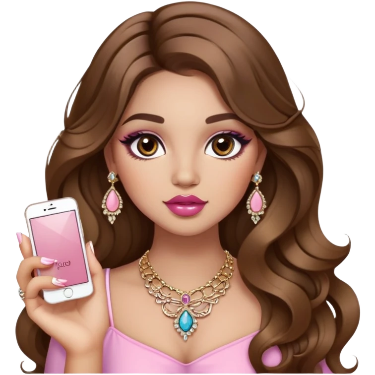 Light skinned girl, long wavy brown hair center-part with face framing pieces, big hazel eyes, lots of jewelry, trendy cute top, prominent blush, sassy, big lips, makeup, fancy long acrylic nails done, holding makeup. She is curvy emoji