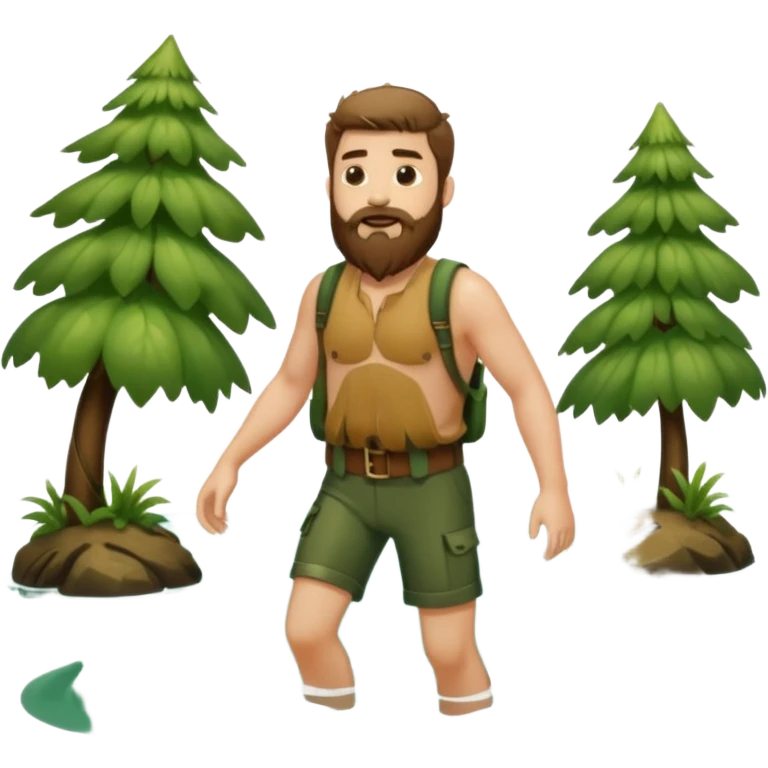 full body bearded forest man stepping out of water, back and shoulders wet, vine belt emoji
