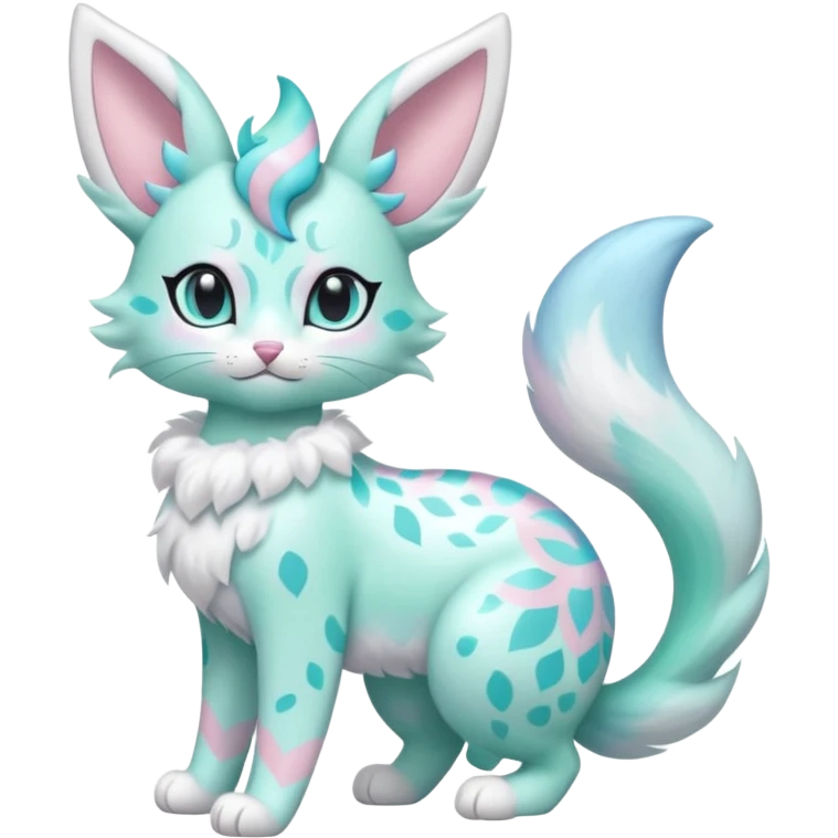 Pastel Mint-Aqua Soft-Iridescent Gentle Floral-Patterned Feline Sylveon-Liepard-hybrid-creature (full body) emoji