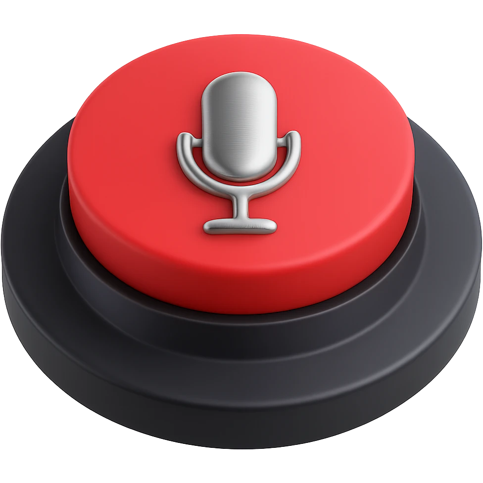 Add a shiny silver microphone icon in the center of the 3D red record button, realistic style, no background. emoji