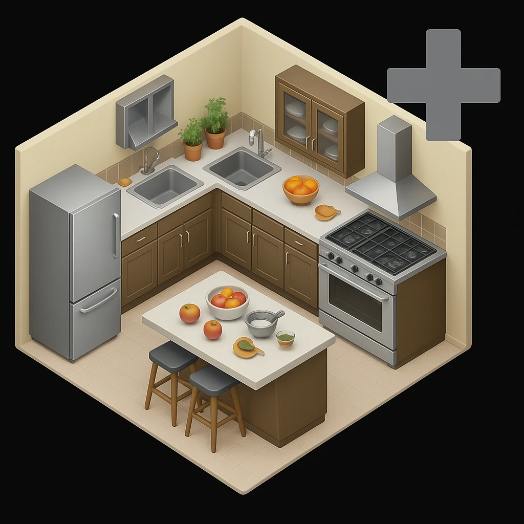 Add a prominent plus (+) symbol to the top right corner outside the kitchen area, keeping the style consistent with the original kitchen emoji. emoji