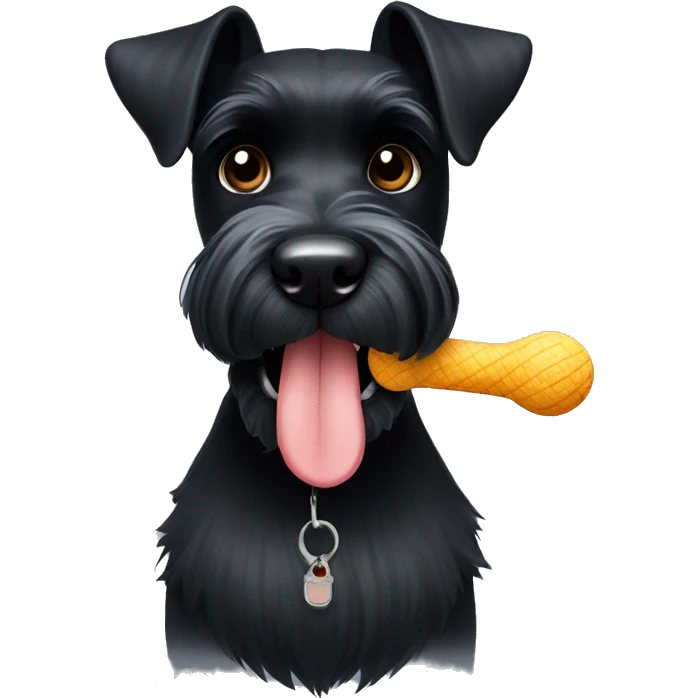 A black miniature schnauzer with a dog toy in his mouth   emoji