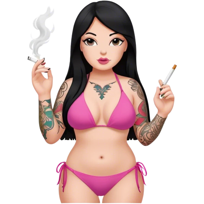 caucasian curvy body girl, with tattoos, in pink bikini, smoke, with a long straight black hair  emoji