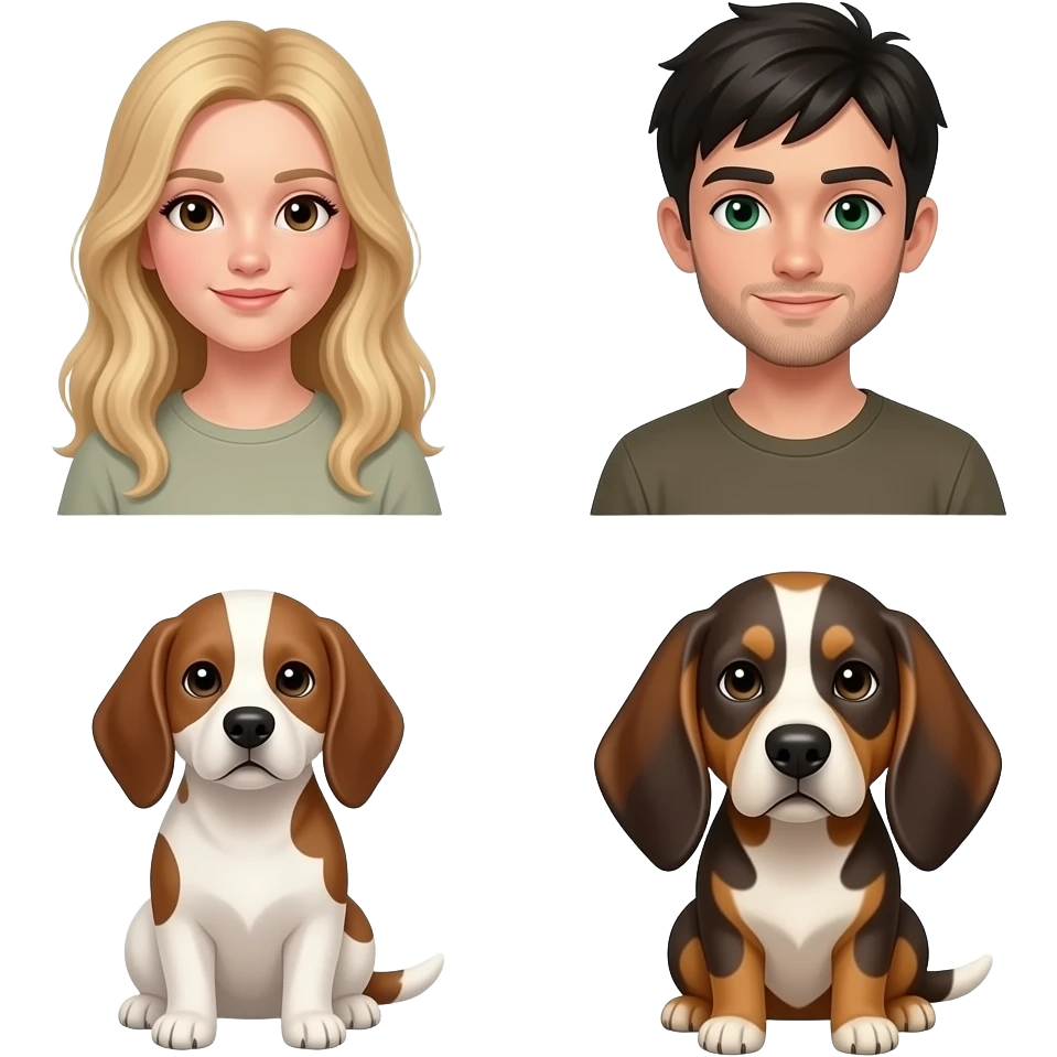Pareja y perro estilo emoticono de WhatsApp, solo caras, muy juntos. Chica con pelo largo rubio, piel clara y ojos marrones. Chico con piel clara, pelo negro, barba fina visible y ojos verde oscuro. Perro estilo default, orejas caídas, marrón con blanco entre los ojos. emoji