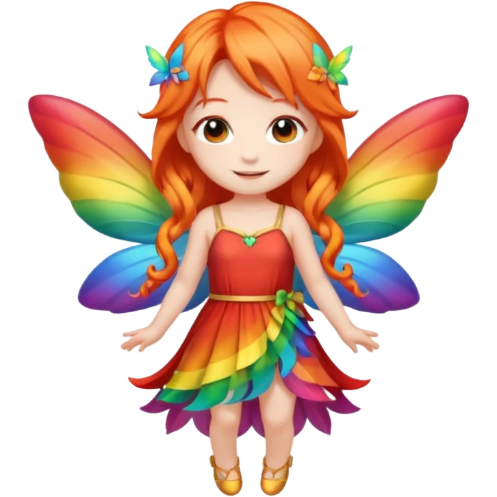 fairy with long orange hair, rainbow wings, red dress, happy, chibi full body emoji