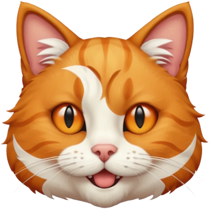 a ginger cat with white stripes on his forehead, a bitten ear, one fang sticking out, winking his right eye emoji