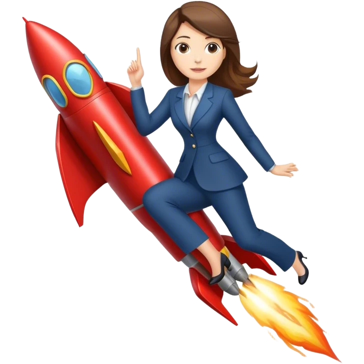 a businesswoman riding a rocket. the woman is wearing long dress pants  emoji