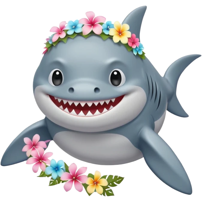 A cute chubby shark with hawaii pastel flower necklace and hawaiian flower crown, posing proudly. emoji