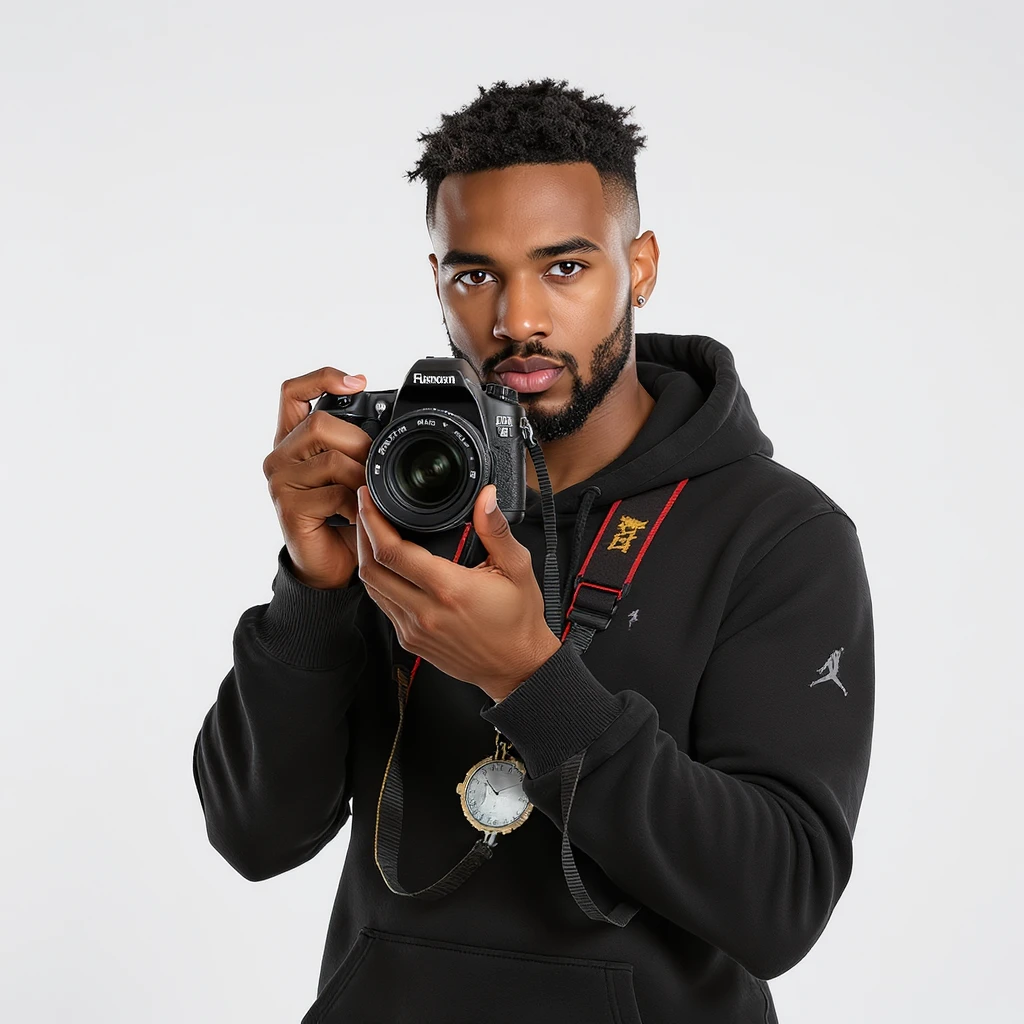 realistic portrait of a photographer posing with camera, studio quality emoji