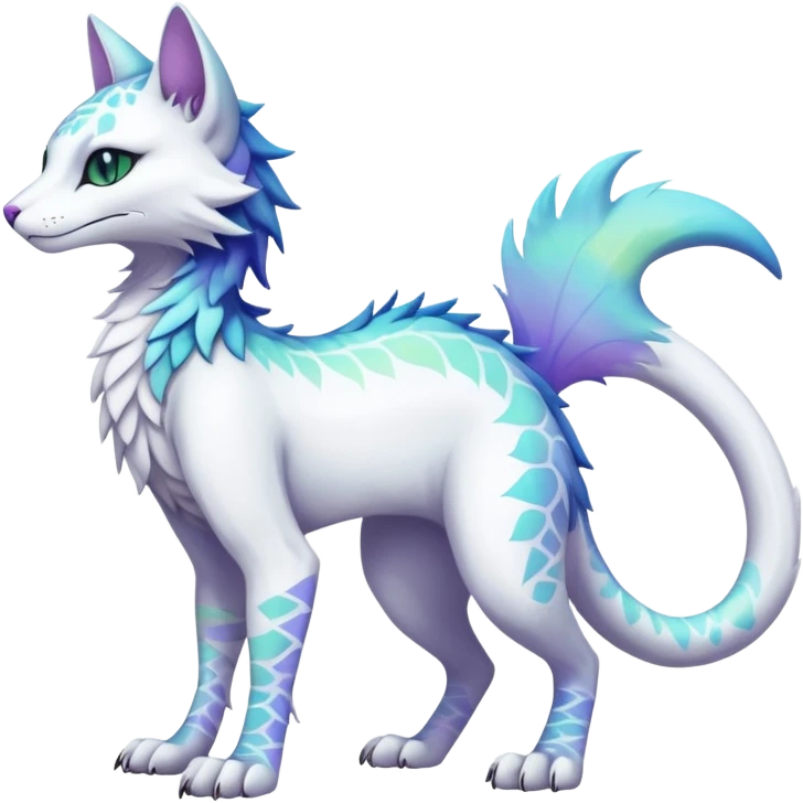 Kawaii white iridescent edgy fantasy feline-vernid-sergal-fursona animal creature with a tufted tail full body with intricate markings  emoji