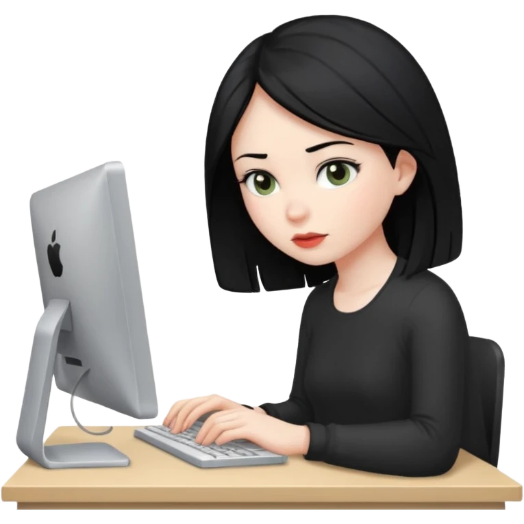 Uma menina de cabelo preto trabalhando no computador emoji