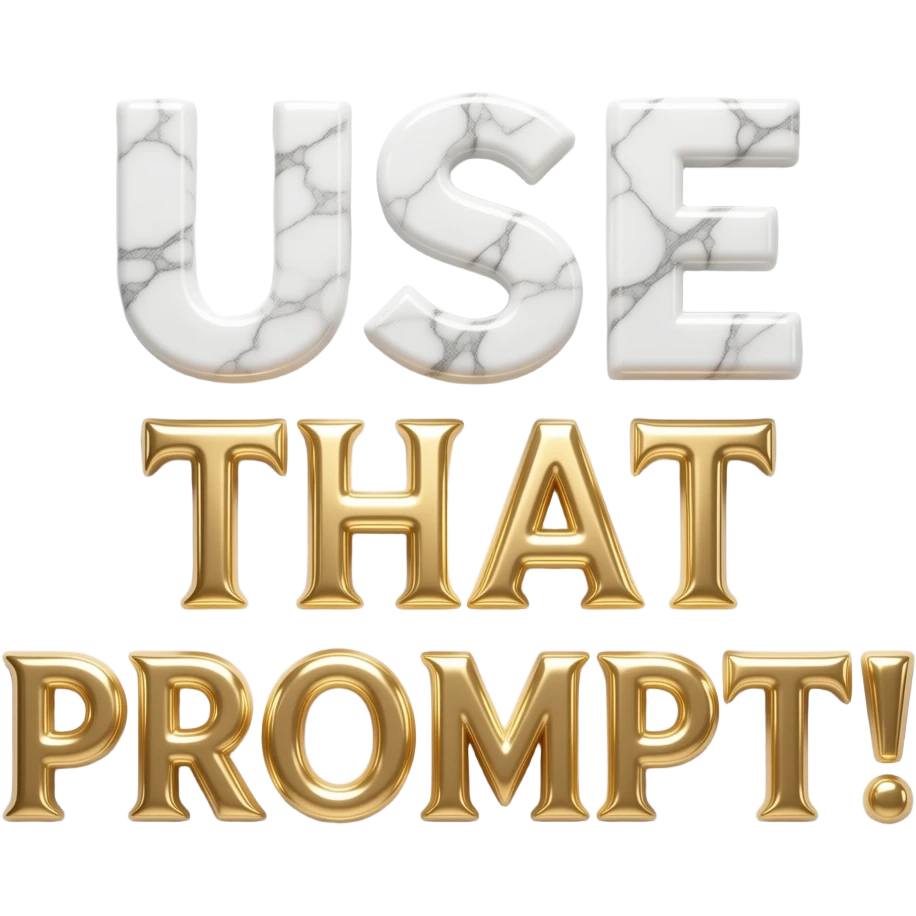 A luxurious uppercase text 'USE THAT PROMPT!' crafted from polished white Carrara marble with deep veins of more glowing liquid gold flowing through it. High-end jewelry aesthetic, soft studio lighting, elegant and Luxurious Marble Letter. emoji
