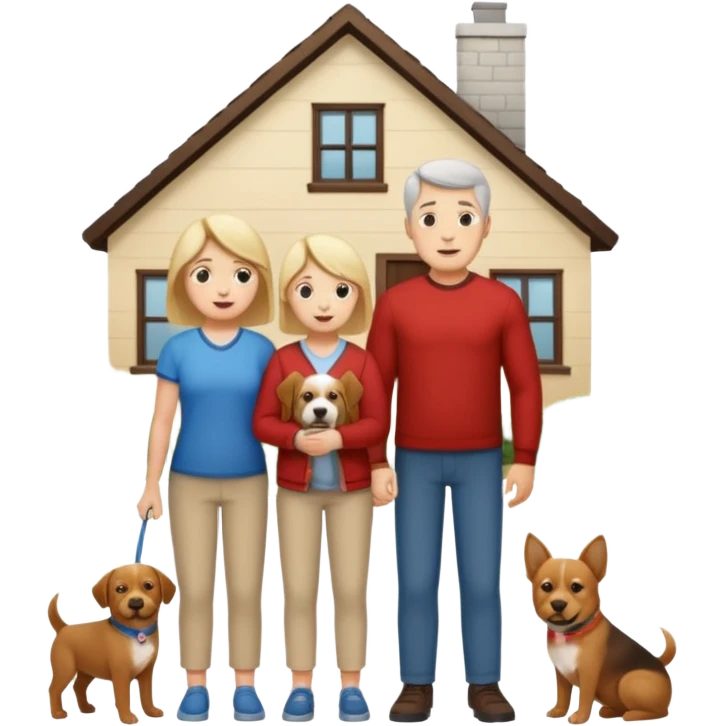 a mom and dad standing in front of a house with their son and a dog next to them (1 dog) and 1 SON not daughter the son should be very short emoji