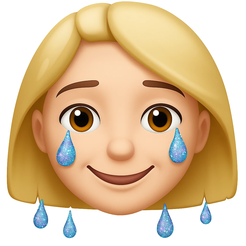 Make the crying face emoji's tears glittery and make the lips smile, originally in apple style emojis emoji