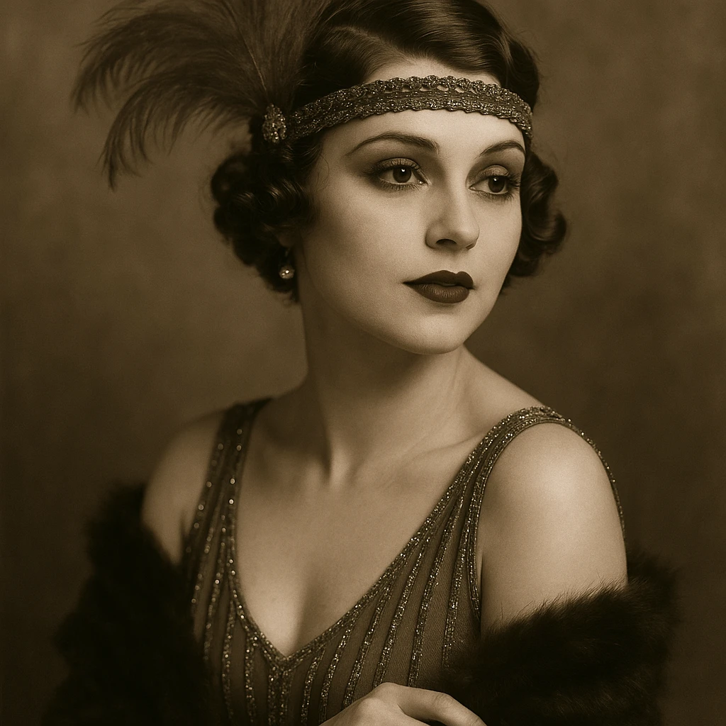 1920s woman, jazz age, feathered headband, glamorous makeup, classic pose, vintage fashion, elegant emoji