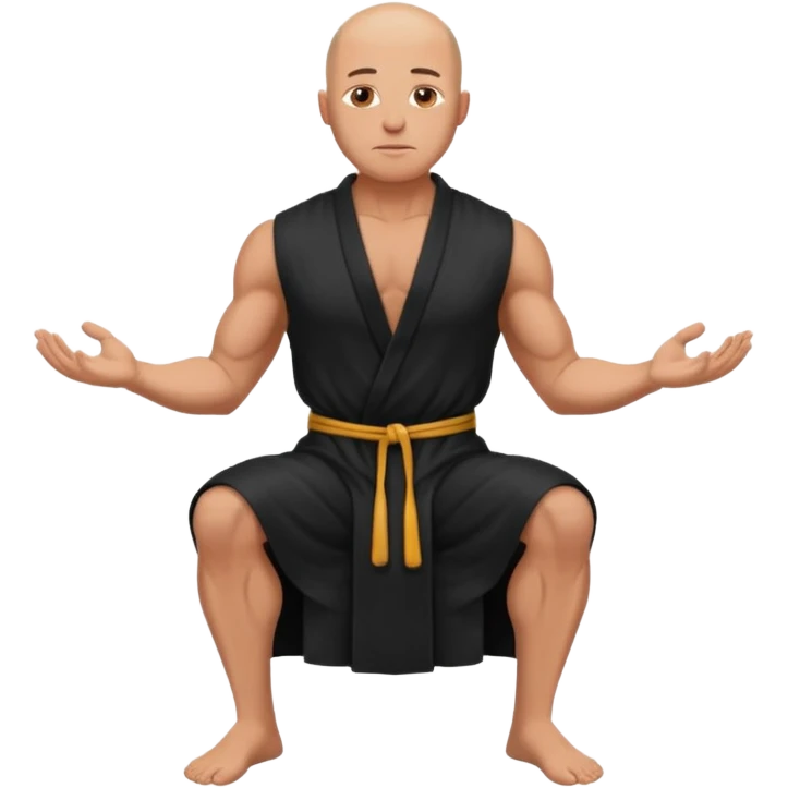 fullbody jacked bald guy, sleeveless black robe sitting hands down emoji