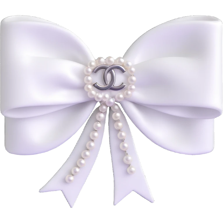 elegant white velvet bow with pearls and silver Chanel logo, glossy, black and white, 3D emoji style emoji