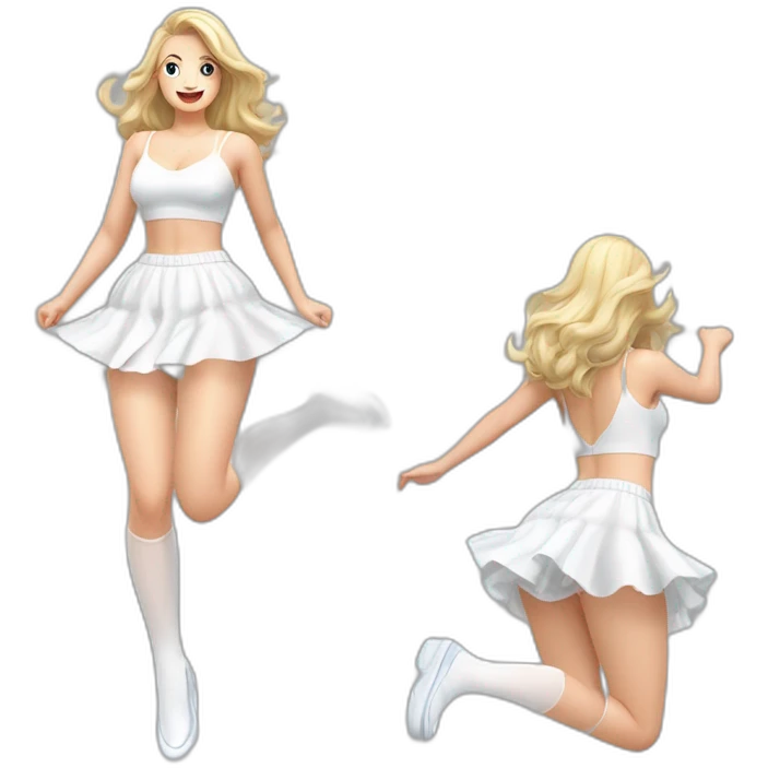 realistic full body caucasian curvy beauty jumping short transparent skirt back and front views strong wind white knickers long white socks emoji