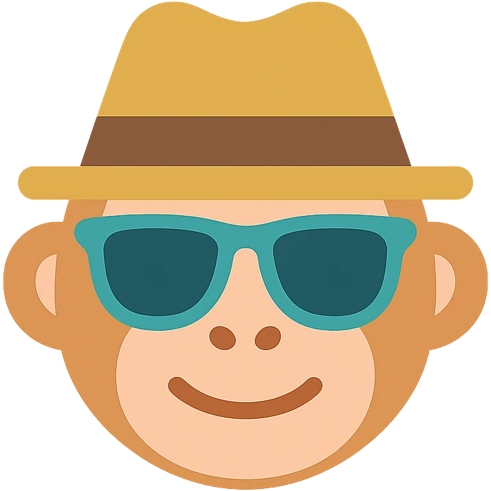 monkey in a fedora hat and sunglasses, color icon, flat design, playful and friendly emoji